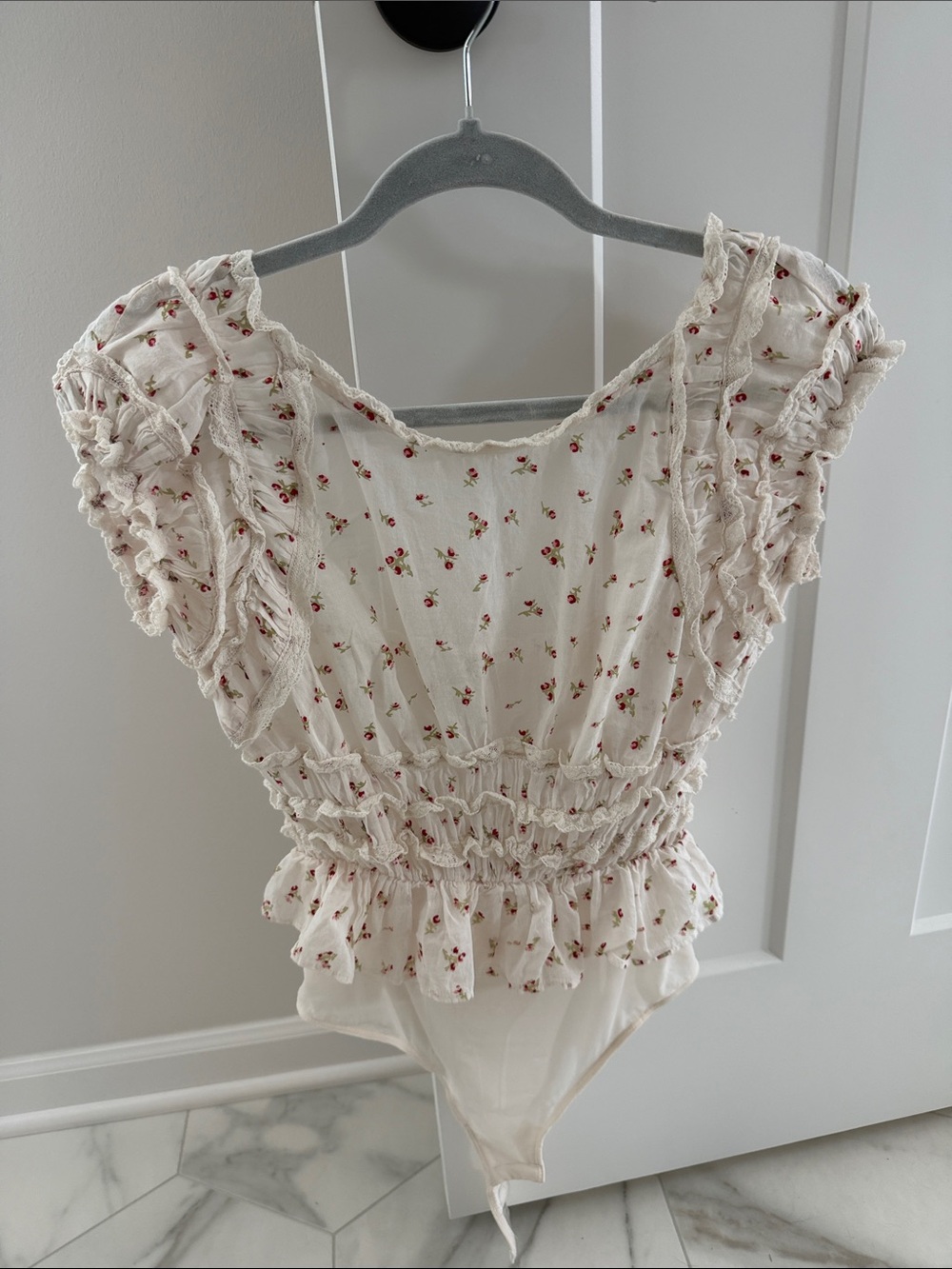 Free People Ivory Floral Ruffled Smocked Bodysuit